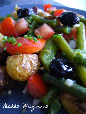 Entrée froide, Salade, Pommes de terre, Tomates, Haricots, Asperges