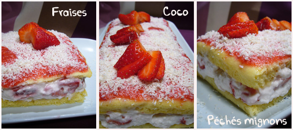 Crème, Fraises, Gâteau, Lait coco, Noix de coco, Oeufs, Sucre