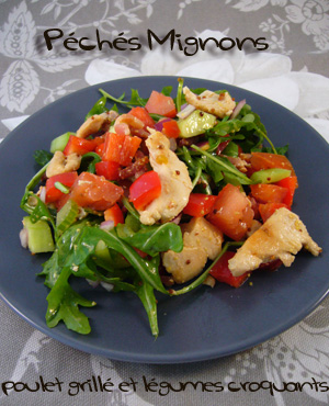 Entrée froide, Salade, Tomates, Concombre, Céleri, Roquette, Moutarde ancienne, Huile noix, Oignons, Poulet, Poitrine, Poivron, Facile, Rapide, Légère, 